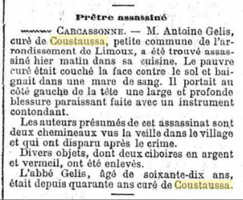 Assassinat de l'abbé Gélis, curé de Coustaussa
